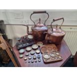 Collection of Brass Weighing Scales and Weights + Copper Kettle