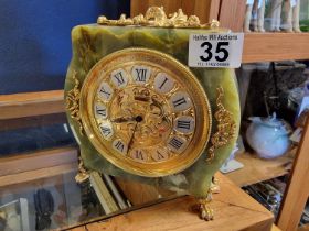 Green Onyx & Gilded Vintage Mantel Clock by Swiss Maker Elsinor