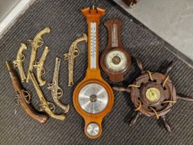Joblot of Brass Wall Hung Pistols, a Repro Flintlock + 3 Barometers (inc Nautical)