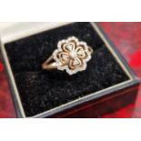 9ct Gold and Diamond Floral Four-Leaf Clover Cluster Ring - size N, 3.2g