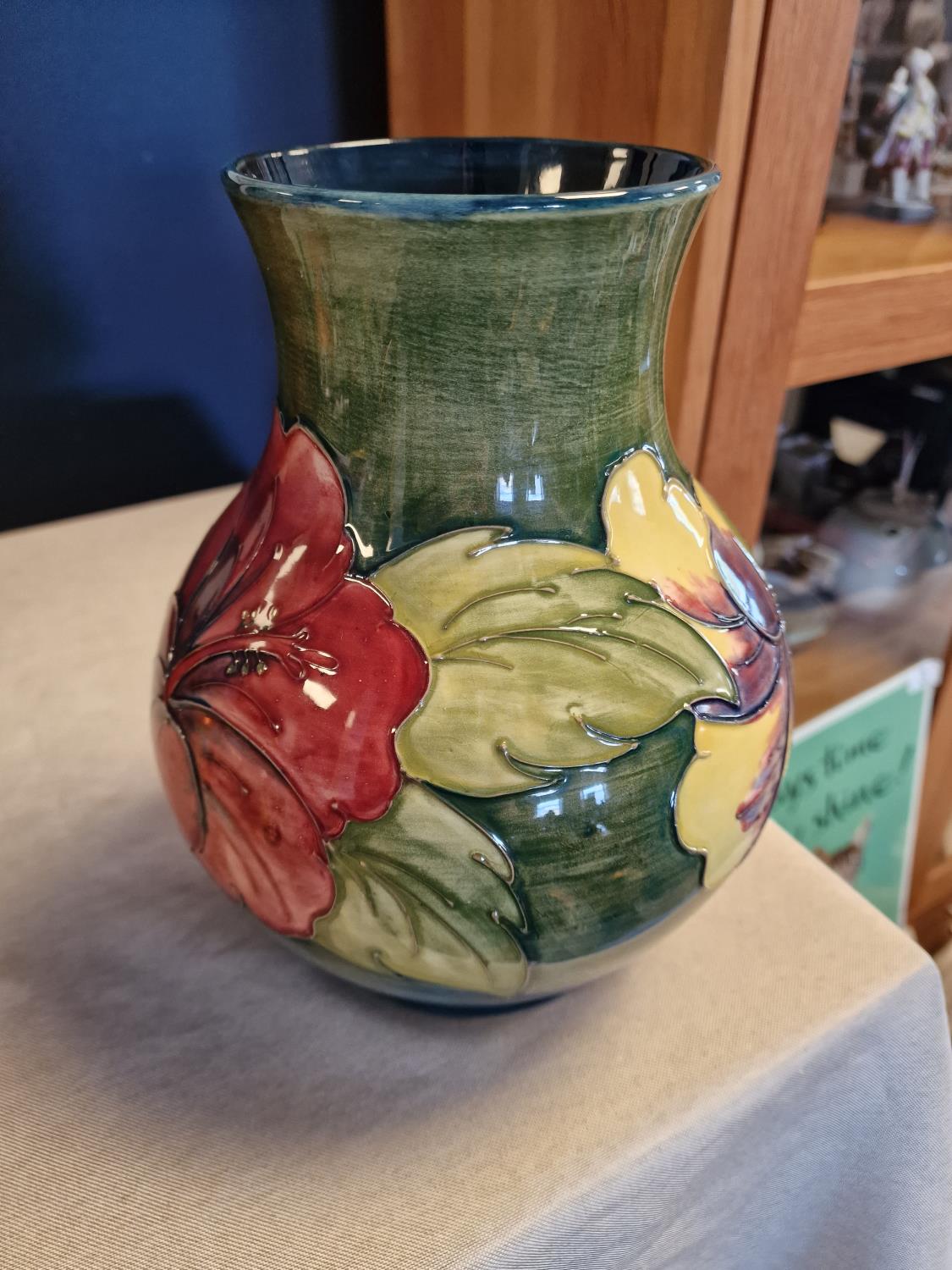 Mid-Century Moorcroft 'Hibiscus' Vase with 'Potters to the Late Queen Mary' Label and 'WM' Signature