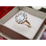 9ct Gold Blue Topaz and CZ Cluster Ring - size O