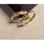 Pair of 9ct Gold Eternity Rings, inc a Pink Diamond (synthetic) example - size O & N+0.5