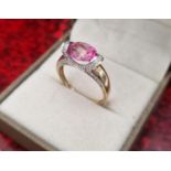 9ct Gold and Pink Diamond (synthetic) Dress Ring w/ diamond shoulders - size P, 2.4g