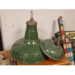 Pair of Industrial Salvage Vintage Green Enamel Pendant Light Lamps