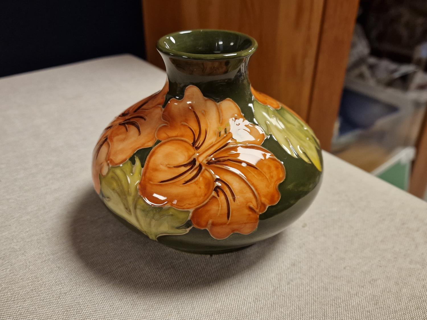 Moorcroft Green Hibiscus Squat Vase