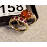 9ct Gold Diamond & Ruby Half Eternity Band, plus an Orange-Stoned Cluster Ring, 5.9g total, size P &
