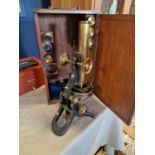 Vintage Cased Swift & Son Brass Microscope with Lenses - case 36.5cm x 21.5cm x 16cm, Laboratory Ins