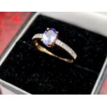 9ct Gold Tanzanite and Diamond Ring - laser-etched hallmarks, size P