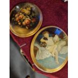 Pair of Oval Convex Vintage Paintings of a Floral Scene and a Young Girl w/dog & cat