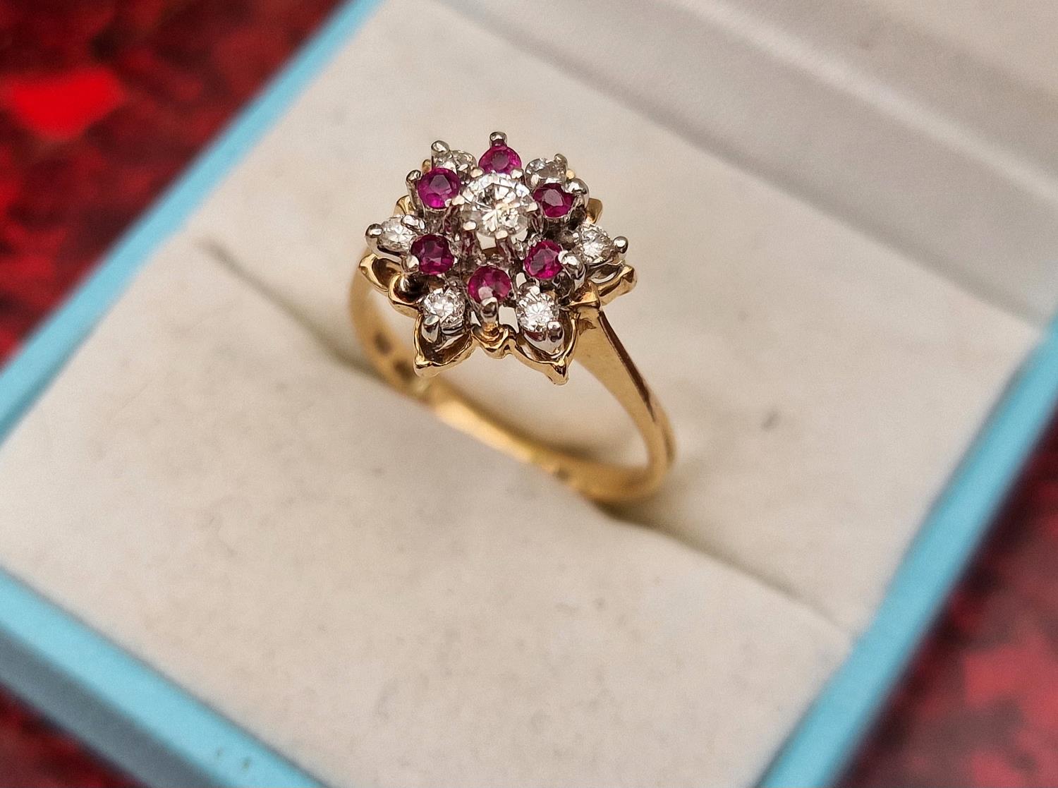 Vintage 14ct Gold, Ruby and Diamond Cluster Ring, size M and 3.34g