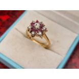 Vintage 14ct Gold, Ruby and Diamond Cluster Ring, size M and 3.34g