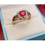 10ct Gold, Ruby and Diamond Love Heart Ring, size R+0.5 and 2.72g