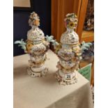 Pair of Antique German Vases with Floral, Bird & Cherub - Schlesische or Meissen re crossed swords