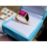 9ct Gold Square Ruby Mans Ring, size X+0.5 and 5.94g