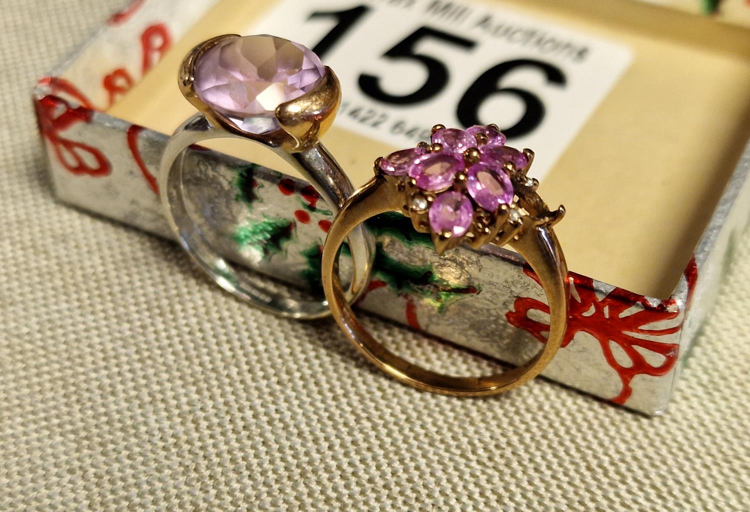 Pair of 9ct White Gold Pink Topaz + 9ct Yellow Gold Pink Stone Rings - one A/F, both size P, 6g comb