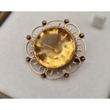 9ct Gold Large Citrine Stone Vintage Brooch