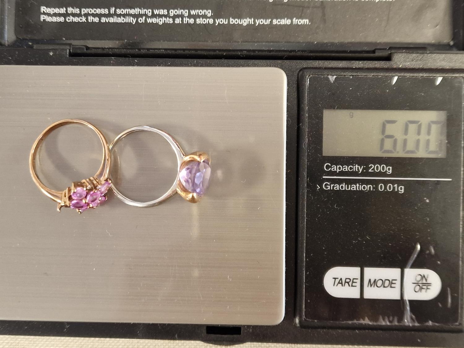 Pair of 9ct White Gold Pink Topaz + 9ct Yellow Gold Pink Stone Rings - one A/F, both size P, 6g comb - Image 4 of 4