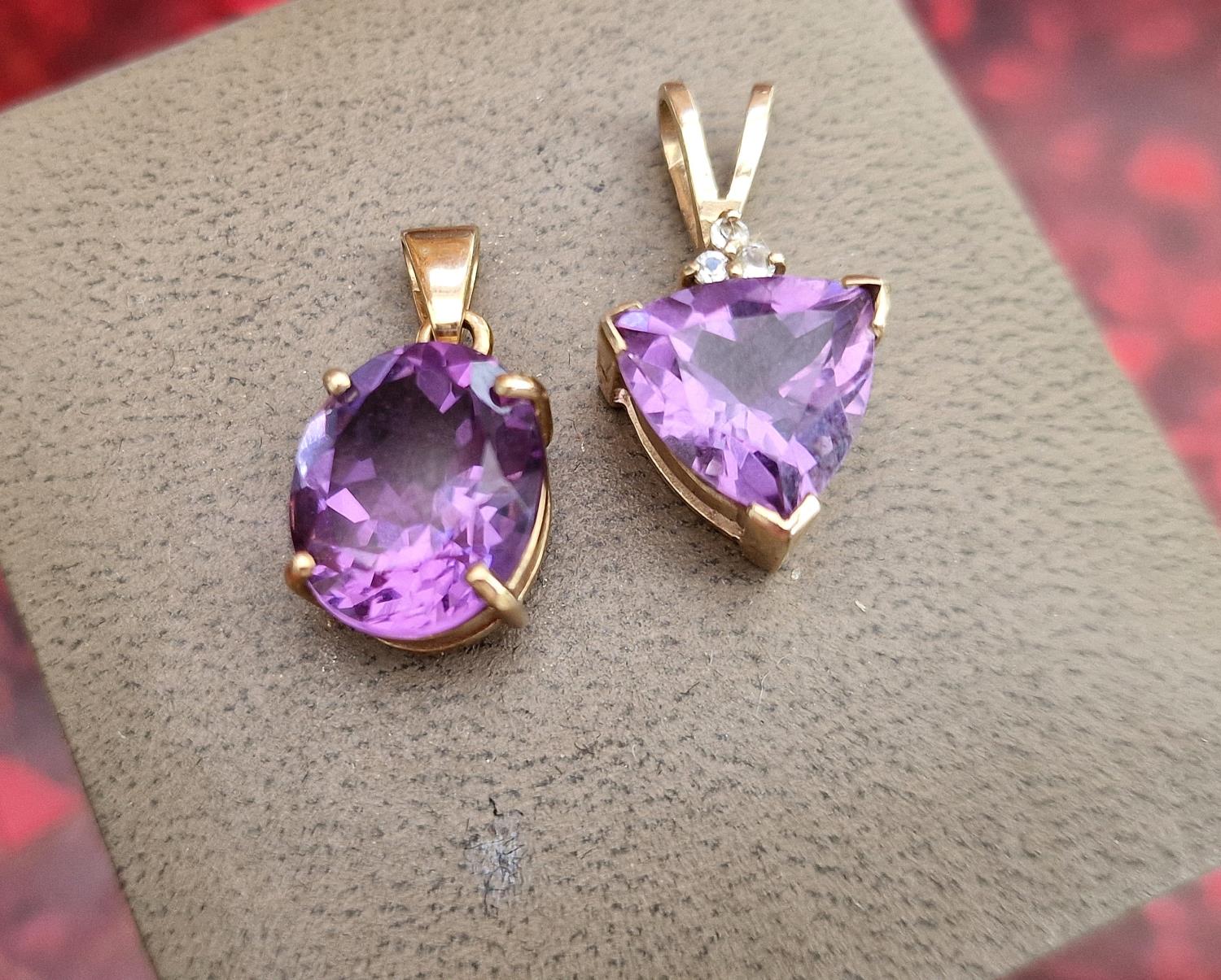 Pair of 9ct Gold and Amethyst Pendants (one with diamonds) - 4g