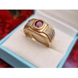 9ct Gold Diamond and Ruby/Garnet Gents Dress Ring - size T, 8.4g