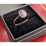 9ct Gold Diamond and Amethyst Dress Ring - size P+0.5
