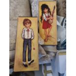 Pair of Retro 1960's Charicature Children Art on Board