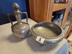 Walker & Co Homeland Hand-Beaten Pewter Footed Bowl and Unmarked Pewter Water Jug with Persian-inspi