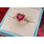 18ct Gold, Ruby and Diamond Love Heart Ring, size M and 2.2g