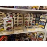 One Shelf of 50 Die-Cast Truck Toys and Vand w/advertising etc - inc Vanguards and Lledo