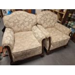 Pair of Well Upholstered Victorian Carved Framed Armchairs