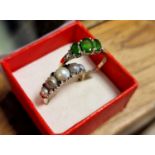 9ct Gold Seed Pearl and Diamond + Green Stone Dress Rings - combined weight 4.3g, both A/F