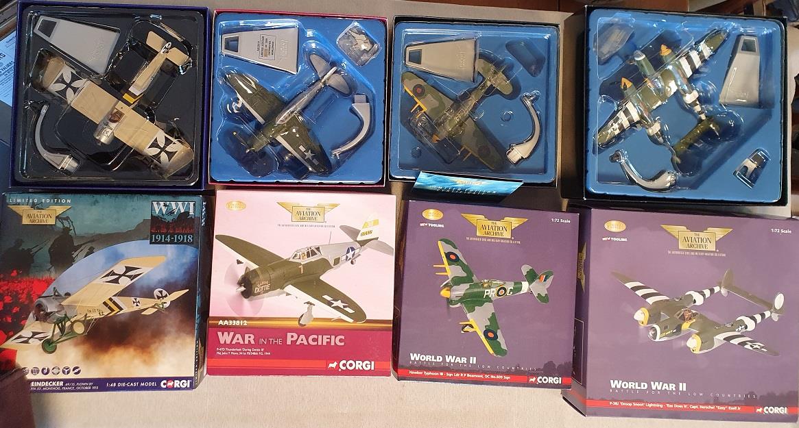 Quartet of Corgi Aviation Archive diecast aircraft, comprising Fokker E.11 Eindecker (AA 28701), P-4