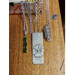 Pair of Sterling Silver Necklaces inc a Celtic Irish Example + a Green Stoned Pendant, possibly Peri