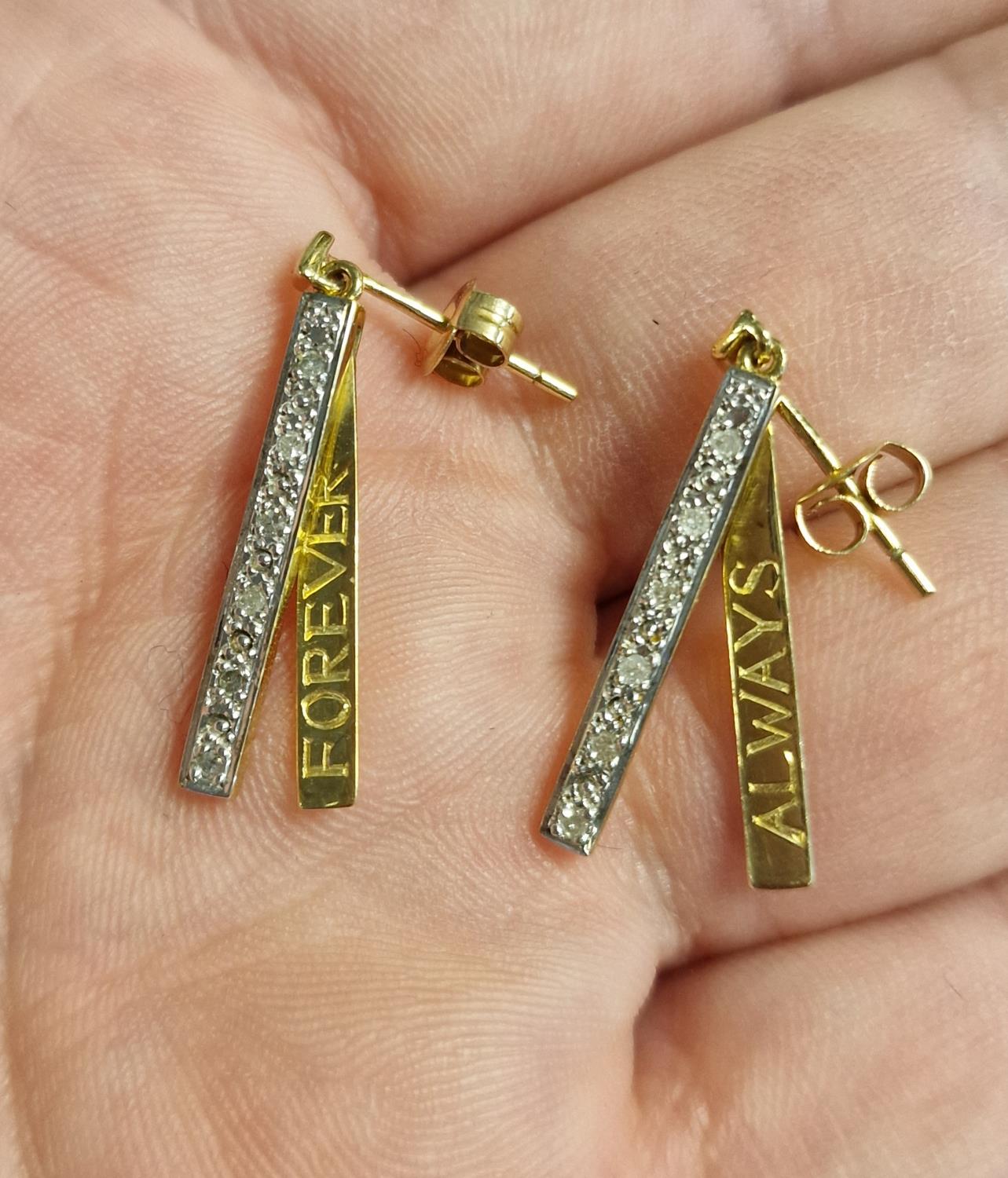 Pair of 'Always & Forever' 9ct Gold & Diamond Drop Earrings - 2.4g - Image 2 of 3