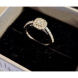 18ct White Gold Princess Cut Diamond Ring, w/halo diamond shoulders, size J