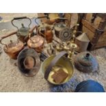 Large Collection of Brass and Copper inc Various Kettles