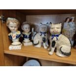 Pair of Antique Staffordshire Cats and a Pair of Child Busts