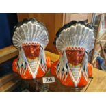 Pair of 1930's Native American Indian Busts - Made in Czechslovakia - poss Erphila pieces - 17cm hig