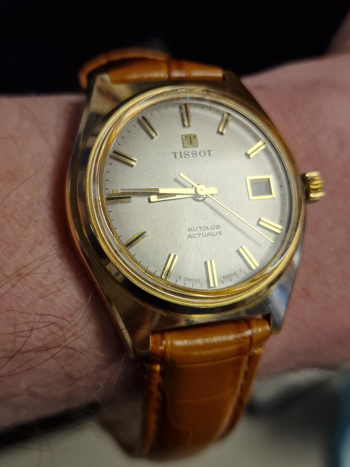 1970's Gents Tan Leather Gold Plated Swiss Tissot Autolub Actualis Hand-Wound Wrist Watch - Image 4 of 4