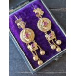 Pair of Continental (possibly French) 14ct Gold Antique Ruby & Pearl Drop Earrings (6.85g) + a Addit
