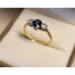 Classic 18ct Gold, Saphire & Diamon Three-Stone Dress Ring, size L