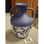 Twin Handled Wedgwood Dark Blue Portland Jasperware Vase - 15cm high - Proceeds to Overgate Hospice