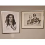 Pair of Celebrity Sketches, Bob Marley and Laurel & Hardy, the latter signed with a personal message