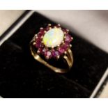 9ct Gold, Opal and Garnet Cluster Ring - size L, 2.6g