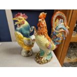 Pair of Very Large Majolica Cockerel Hen Chicken Figures, one of which is a jug