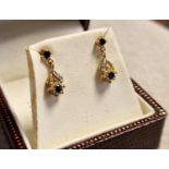 Cased Pair of 9ct Gold, Diamond & Sapphire Drop Earrings