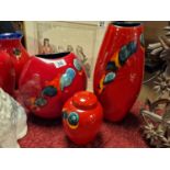 A Pair of Red Poole Pottery Delphis/Odyssey Vases plus a Lidded Jar