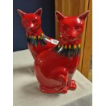 Pair of Poole Pottery Red Flambe Delphis Cat Figures - 29cm high