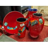 Trio of Red Poole Pottery Delphis/Odyssey Vases + a Decorative Plate