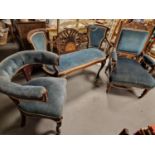 Three Piece Edwardian Inlaid Wood Salon Sofa Suite w/Chaise or Love-Seat - As Found